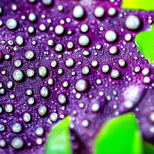 Image similar to closeup shot of alien jungle fruit covered in dew drops, looming milky purple mist in the background, tilt shift, low angle