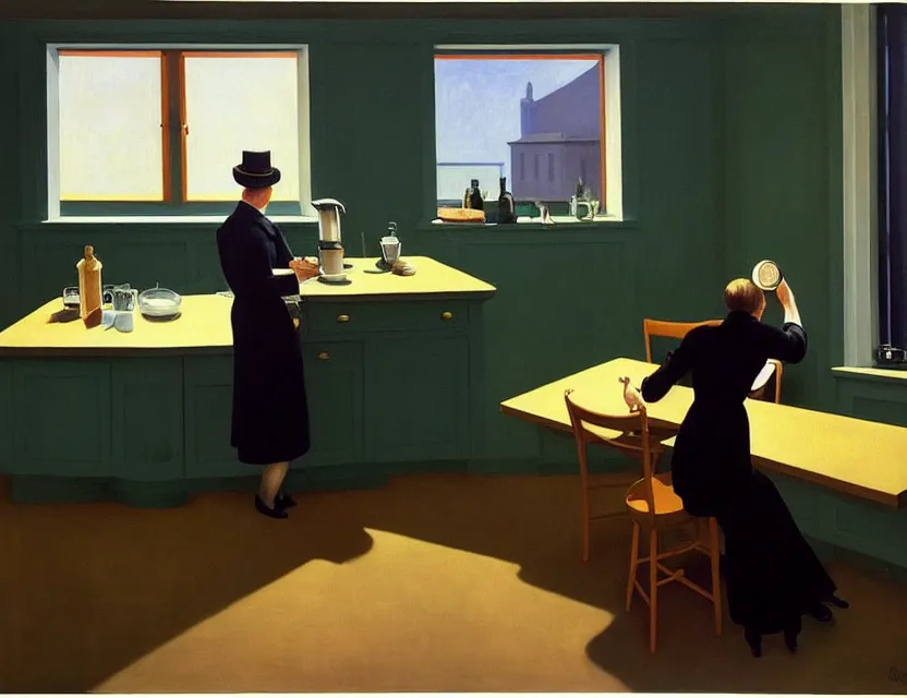 Prompt: a painting of a professor making a study of drinking 1 0 cups of coffee into a droste effect, dark monday mood in a kitchen that is slowly melting, styled and painted by edward hopper and rene magritte