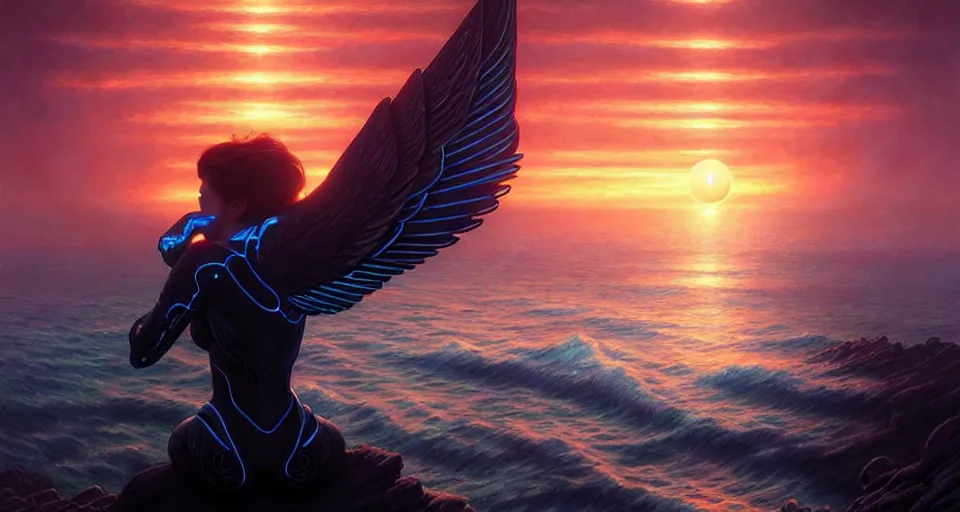 Image similar to tron wings in front mind bending sunset, cliffside ocean scene, backlit, aesthetic, elegant, diffuse lighting, hyper realistic, elegant, intricate, hyper detailed, smooth, sharp focus, concept art, illustration, trending on artstation, art by artem demura, greg rutkowski, james gurney, and alphonse mucha