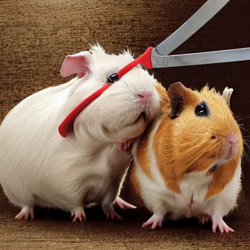 Prompt: anthropomorphic guinea pigs sword fighting, photograph