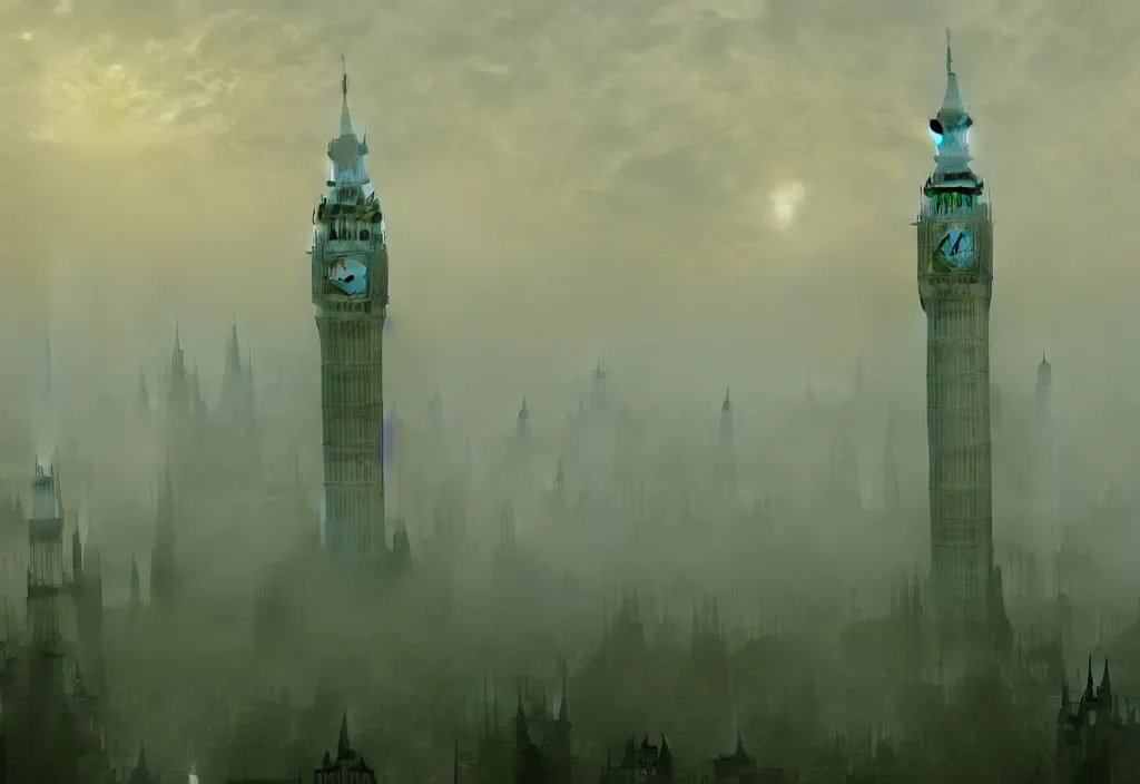 Prompt: london in green mist by carl gustav carus, clocktower, steampunk, tentacles, cthulhu, digital art, 4k, trending on artstation, highly detailed