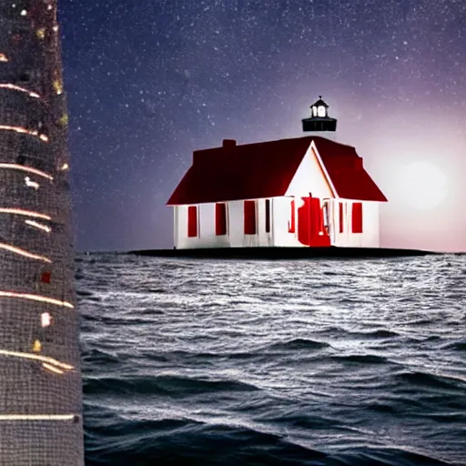 Image similar to A realistic photo of A red and white striped lighthouse shining out onto the sea; a white house with a red roof with the lights on inside; thin dark trees behind; nighttime with stars behind; full moon