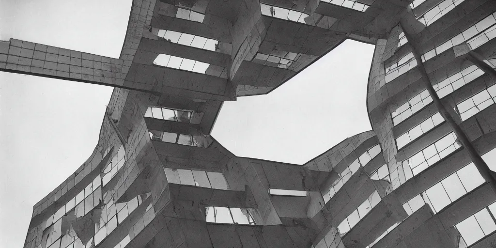 Image similar to a floating upside down brutalism architecture, ilford hp 3, photo from 1 9 5 0