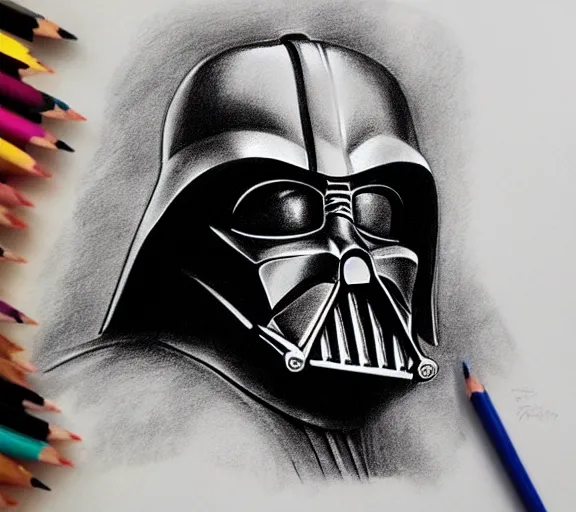 Prompt: beautiful pencil sketch portrait of Darth Vader by Vincent van Gogh; realistic-lighting