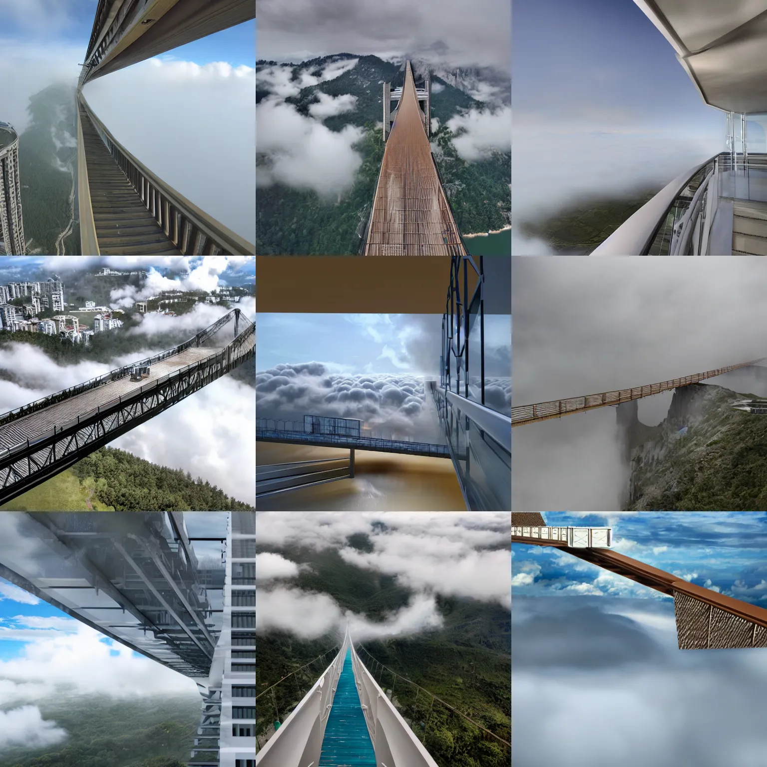 Prompt: a bridge from a penthouse into the clouds