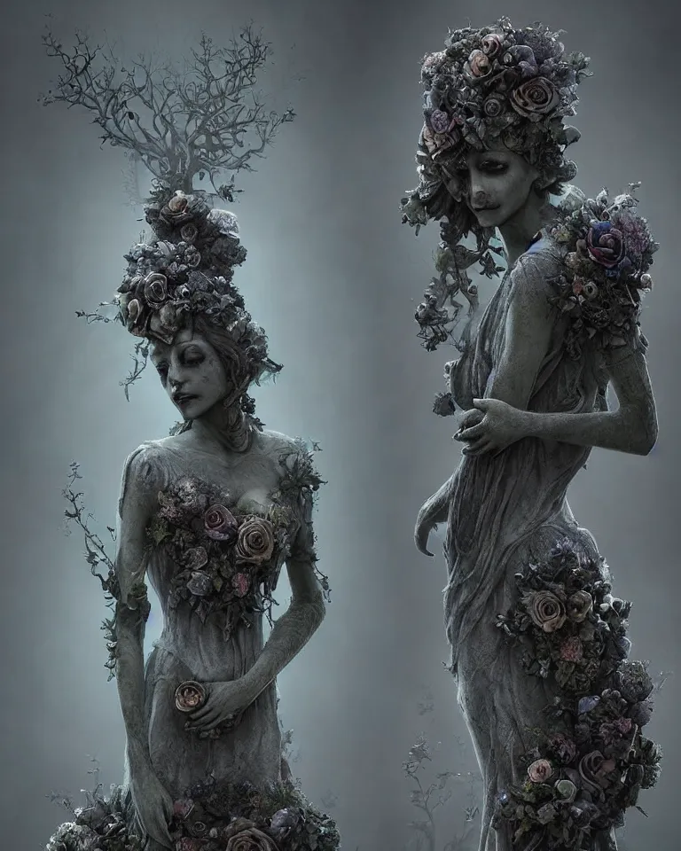Image similar to portrait of a gothic cemetery statue made of mist and flowers, cosmic horror, mutating into mist, dramatic lightning, Andrew Ferez, Charlie Bowater, Marco Mazzoni, Seb McKinnon, Ryohei Hase, Alberto Seveso, Kim Keever, trending on cgsociety, featured on zbrush central, new sculpture, mystical