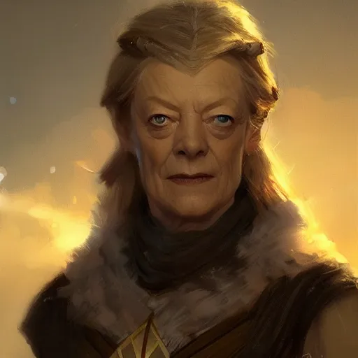 Prompt: a beautiful Norse Warrior based on Maggie Smith with glowing aura by Greg Rutkowski and Raymond Swanland, Trending on Artstation, cloudy background, ultra realistic digital art