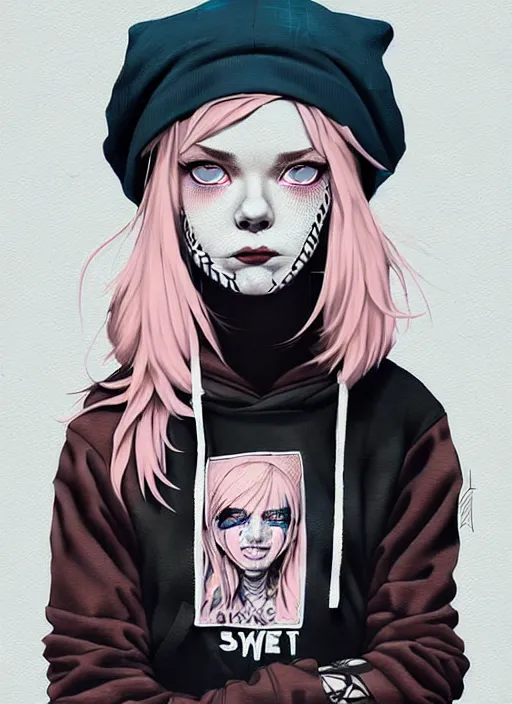 Image similar to highly detailed portrait of a swedish sewer punk lady student, blue eyes, tartan hoody, hat, white hair by atey ghailan, by greg tocchini, by kaethe butcher, by james gilleard, gradient pink, black, brown, cream and light blue color scheme, grunge aesthetic!!! ( ( graffiti tag wall white background ) )