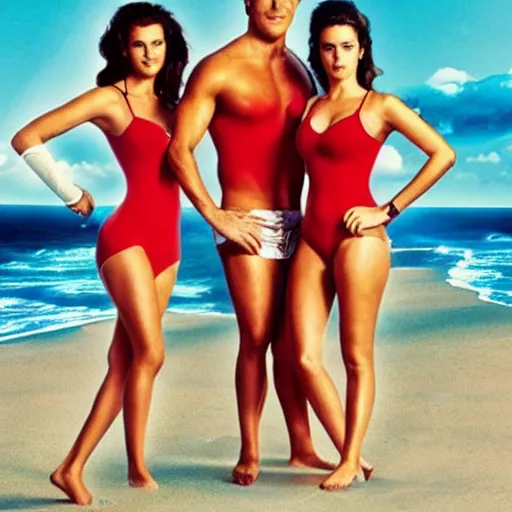 Image similar to beach promotional poster for Baywatch but every person is anthropomorphic animal in bikinis
