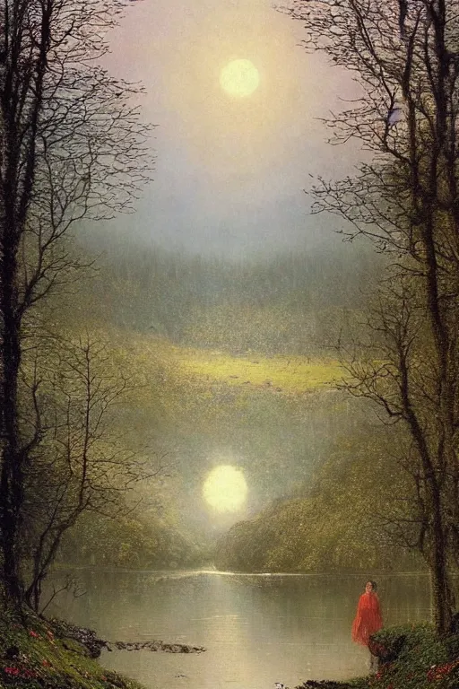 Image similar to beautiful matte painting by john atkinson grimshaw concept art fantasy path mountains and meadow in the background near a lake reflecting the trees, atmospheric lighting, painted, intricate, volumetric lighting, beautiful, rich deep colors masterpiece, sharp focus, ultra detailed by