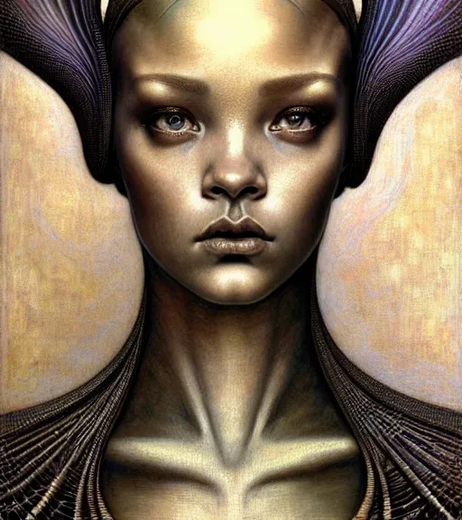Image similar to detailed realistic beautiful young medieval alien robot rihanna face portrait by jean delville, gustave dore and marco mazzoni, art nouveau, symbolist, visionary, gothic, pre - raphaelite. horizontal symmetry by zdzisław beksinski, iris van herpen, raymond swanland and alphonse mucha. highly detailed, hyper - real, cyberpunk, fractal baroque