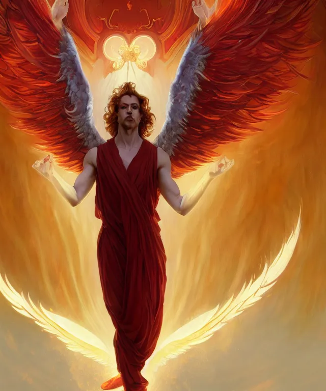 Image similar to symmetrical fullbody portrait of a beautiful young fit male angel with curly blond hairs, full dressed in long fluent red clothes, majestic big demon wings, luminous fire halo, by greg rutkowski and alphonse mucha, gradient white to gold, in front of an hellish background, highly detailed portrait, digital painting, artstation, concept art, smooth, sharp focus illustration