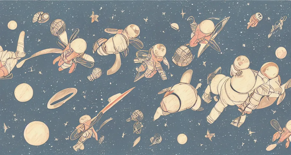 Image similar to back view of baby guineapigs on the cover of vogue magazine flying in space suits, deep dark universe, twinkling and spiral nubela, warmhole, beautiful stars, 4 k, 8 k, by hokusai, samurai man vagabond, detailed, editorial illustration, matte print, concept art, ink style, sketch, digital 2 d