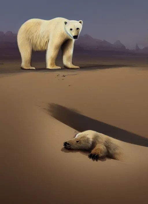 Image similar to dying polar bear on a desert, by greg rutkowski, trending on artstation, masterpiece