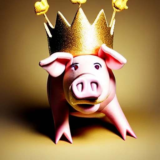 Prompt: !dream studio photograph of a pig wearing a gold crown eating bacon depicted as a muppet