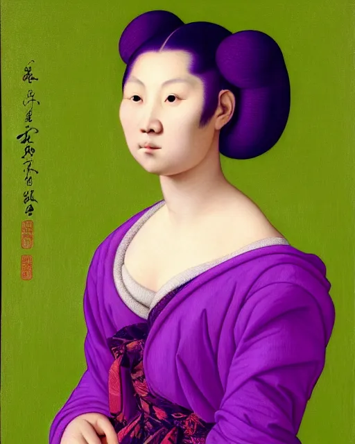 Prompt: photo-realistic portrait of an asian woman with purple hair buns, wearing a neon green dress by Vivienne Westwood, intricate details, masterpiece, in the style of Jean Auguste Dominique Ingres, black background