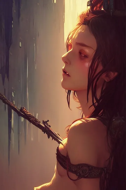 Image similar to a very beautiful savage girl, dungeon, light from above, fantasy, portrait, sharp focus, intricate, elegant, digital painting, artstation, matte, highly detailed, concept art, illustration, ambient lighting, art by ilya kuvshinov, artgerm, alphonse mucha, and greg rutkowski