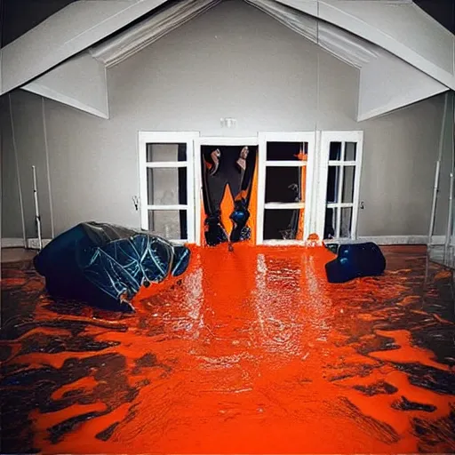 Prompt: “ orange crush flooding the house through the ceiling ”