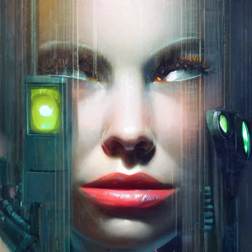 Image similar to detailed face of a woman, moment, cyberpunk cloisters, electronic billboards, tech noir, wet reflections, prism, atmospheric, ambient, pj crook, syd mead, livia prima, greg rutkowski, edward hopper