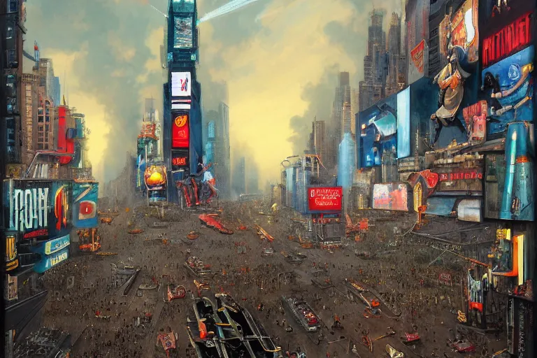 Prompt: 1 9 5 0's robots attacking times square highly detailed, us air force vintage planes firing guns explosions people running for dear life, atmosphere by peter mohrbacher and igor morski, very detailed, 2 4 mm lens, deep depth of field, artstation, 8 k