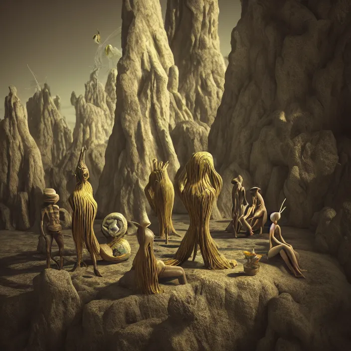 Prompt: a group of characters in a surreal environment by salvador dali, dreamy hazy, highly detailed, 3 d render, vray, octane, realistic lighting, photorealistic