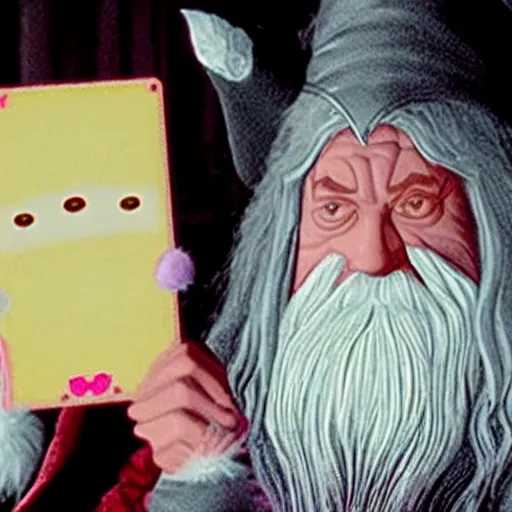 Prompt: portrait of gandalf as Hello Kitty, holding a blank playing card up to the camera, movie still from the lord of the rings