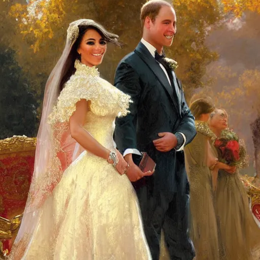 Image similar to detailed painting of prince william marrying attractive kim kardashian, highly detailed painting by gaston bussiere, craig mullins, j. c. leyendecker 8 k, smiling couple, royal painting