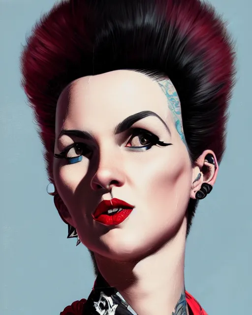 Prompt: portrait of a punk rock woman with a crooked nose and a confident expression, 1 9 5 0 s, punk rock clothes, punk, rockabilly hair, funky, intricate, elegant, highly detailed, digital painting, artstation, concept art, smooth, sharp focus, illustration, art by wlop, mars ravelo and greg rutkowski