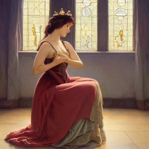 Image similar to kneeling before a proud queen, sitting in a chair while posing for a photo, medieval art, medium shot, intricate, elegant, highly detailed, digital painting, volumetric light, artstation, concept art, smooth, sharp focus, illustration, art by Gil Elvgren and Greg Rutkowski and Alphonse Mucha, 8K
