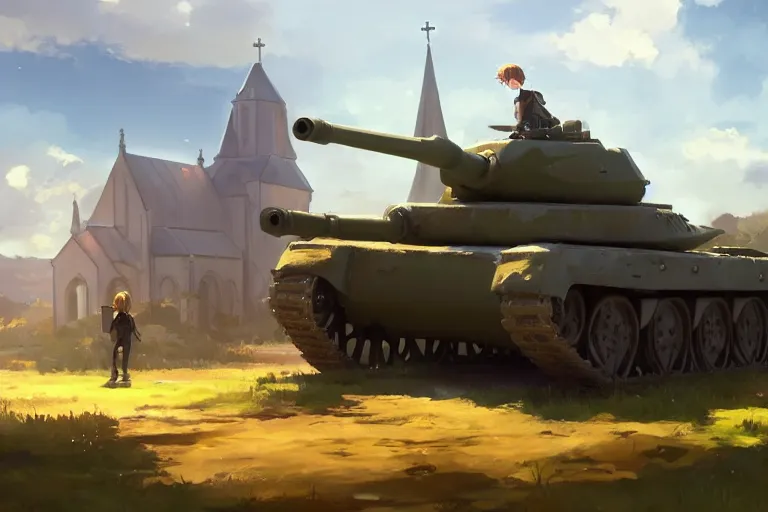 Prompt: a tank with a church instead a gun plattform, scene in an open field. key visual, conceptart, ambient lighting, highly detailed, digital painting, artstation, concept art, sharp focus, by makoto shinkai and akihiko yoshida and greg manchess