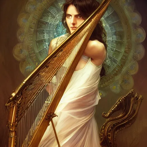 Image similar to a strange harp, d & d, fantasy, intricate, elegant, highly detailed, digital painting, artstation, concept art, smooth, sharp focus, illustration, art by artgerm and greg rutkowski and alphonse mucha