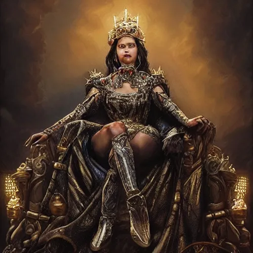 Image similar to a queen is sitting on her throne dressed in chains, beautiful highly detailed face, complementary lighting, backlit, black eyeshadow, grinning, adventure, dramatic lighting, landscape background, beautiful painting by artgerm and greg rutkowski and raymond swanland