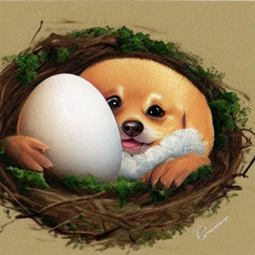 Image similar to concept art of a baby corgi emerging from an egg in a nest, art by anne geddes