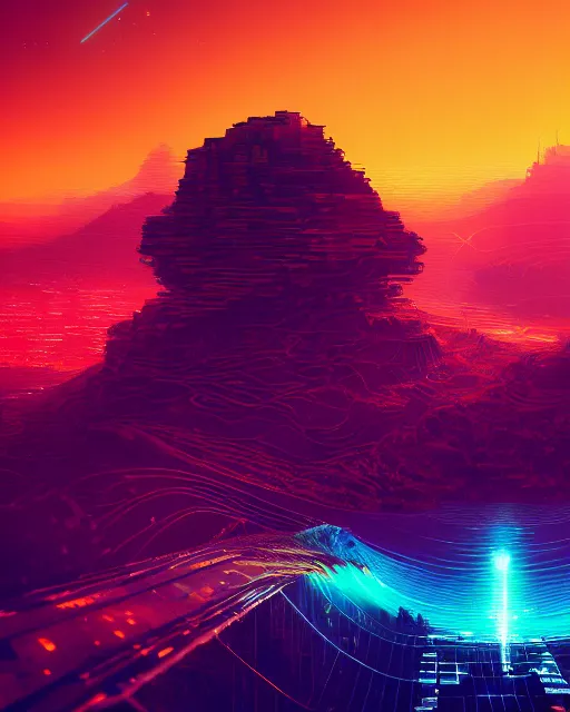 Image similar to Digital world, simulation theory, glitching, scifi, global illumination, unique landscape, fine details, perfect, 8k high detail, masterpiece, trending on ArtStation, by Alena Aenami, Petros Afshar, Liam Wong