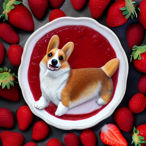 Image similar to corgi with strawberry skin, in strawberry jam : ornate, dynamic, particulate, intricate, elegant, highly detailed, centered, artstation, smooth, sharp focus, octane render