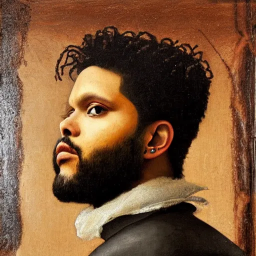 Image similar to a renaissance style portrait painting of the weeknd