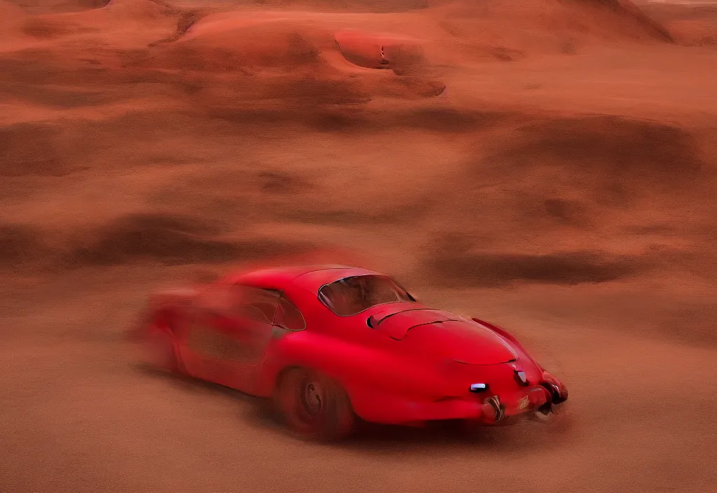 Image similar to “a red porsche 356 is parked in the middle of the desert, a matte painting by Scarlett Hooft Graafland, featured on unsplash, australian tonalism, anamorphic lens flare, cinematic lighting, rendered in unreal engine”