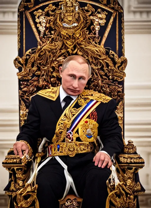 Image similar to A photo of vladimir putin the barbarian sitting on his throne, award winning photography, sigma 85mm Lens F/1.4, perfect faces