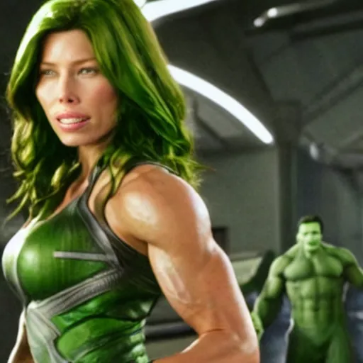 Prompt: jessica biel as green skinned hulk, gamora, she - hulk, green skin, muscular, bodybuilding woman, wheyfu, movie still