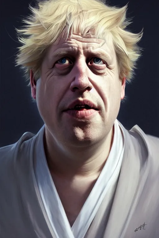 Image similar to Boris Johnson as Rick Sanchez, one single eyebrow, white robe, big eyes, portrait, symmetrical, highly detailed, digital painting, artstation, concept art, smooth, sharp focus, illustration, cinematic lighting, art by artgerm and greg rutkowski and alphonse mucha