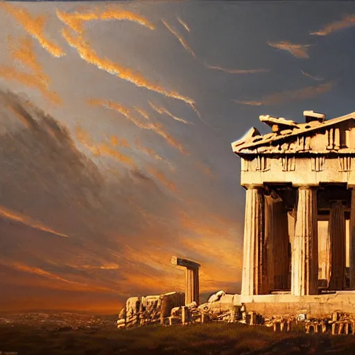 Prompt: the Parthenon with wings, flapping its wings flying in sunset sky, oil on canvas, portrait, intricate, 8k highly professionally detailed, HDR, CGsociety