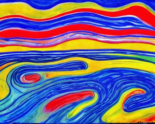 Image similar to Ocean waves in a psychedelic dream world. DMT. Curving rivers. Landscape painting by Edvard Munch. Peter Max.