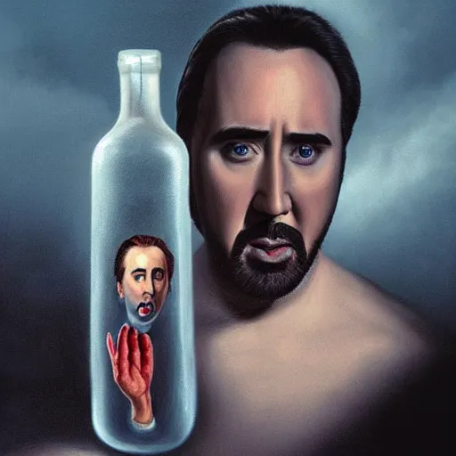 Image similar to Drinking from bottle liquid with face Nicolas Cage, Surrealism, Surreal drawing, Digital art, from artstation, art by Salvador Dali