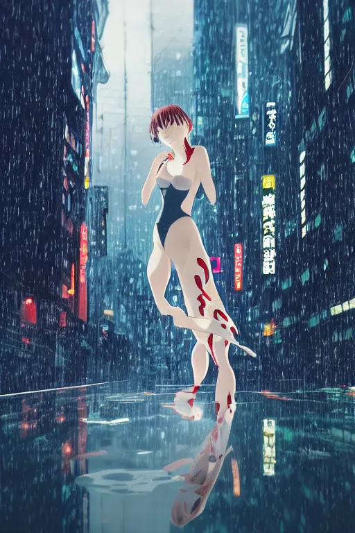 Prompt: Kodak Portra 160, 8K, highly detailed, wachowski seinen manga 3/4 closeup portrait, eye contact, focus on clear transparent see through raincoat model, tilt shift zaha hadid style anime pond background: famous blade runner anime remake, pond scene