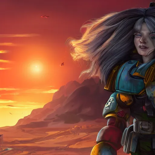 Image similar to beautiful space marine girl with long hair looking at an destructed village in a sunset, highly detailed, digital art, trending on artstation,