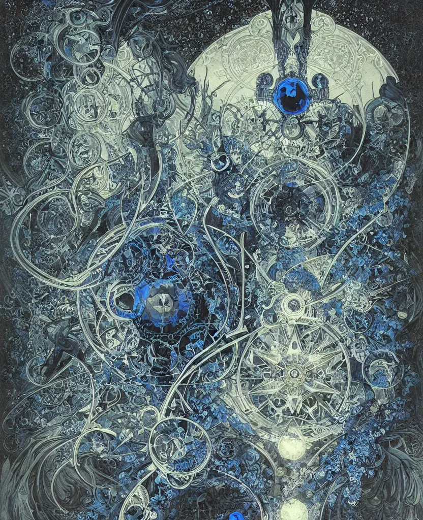 Image similar to illustration of mystical geometrical alchemical black gate covered in blue sacred symbols, deep focus, intricate, elegant, highly detailed, foggy, misterious, digital painting, artstation, concept art, matte, sharp focus, art by artgerm and ernst haeckel and alphonse mucha