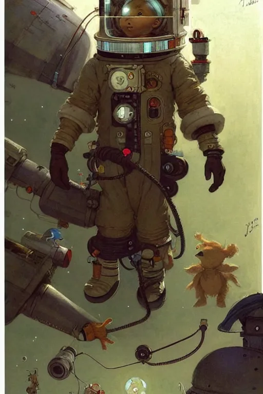 Prompt: childrens book layout ( ( ( ( ( 2 0 5 0 s retro future 1 0 year boy old super scientest in space pirate mechanics costume. muted colors. ) ) ) ) ) by jean - baptiste monge, tom lovell!!!!!!!!!!!!!!!