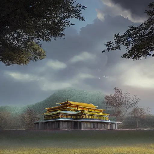 Image similar to rectangular house inspired by a tibetan palace, open field, big trees, yellow clouds, dramatic lighting, artstation, matte painting, raphael lacoste, simon stalenhag, frank lloyd wright