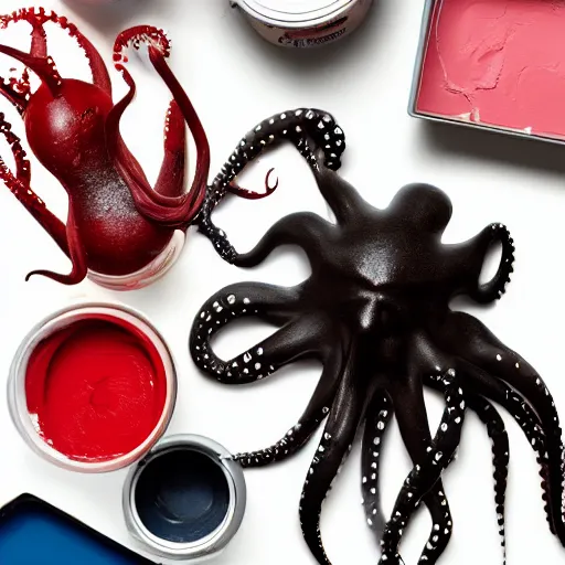 Prompt: a clean studio photography set, there is a bucket of red paint and it has just viciously exploded, there is paint EVERYWHERE, even on the octopus, incredible beautiful ambient light