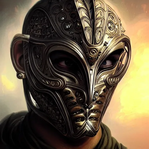 Image similar to Very very very very highly detailed epic photo of face with godlike venetian mask, intricate, dystopian, sci-fi, extremely detailed, digital painting, artstation, concept art, smooth, sharp focus, illustration, intimidating lighting, incredible art by Artgerm and Vincent di Fate and Anton Pieck